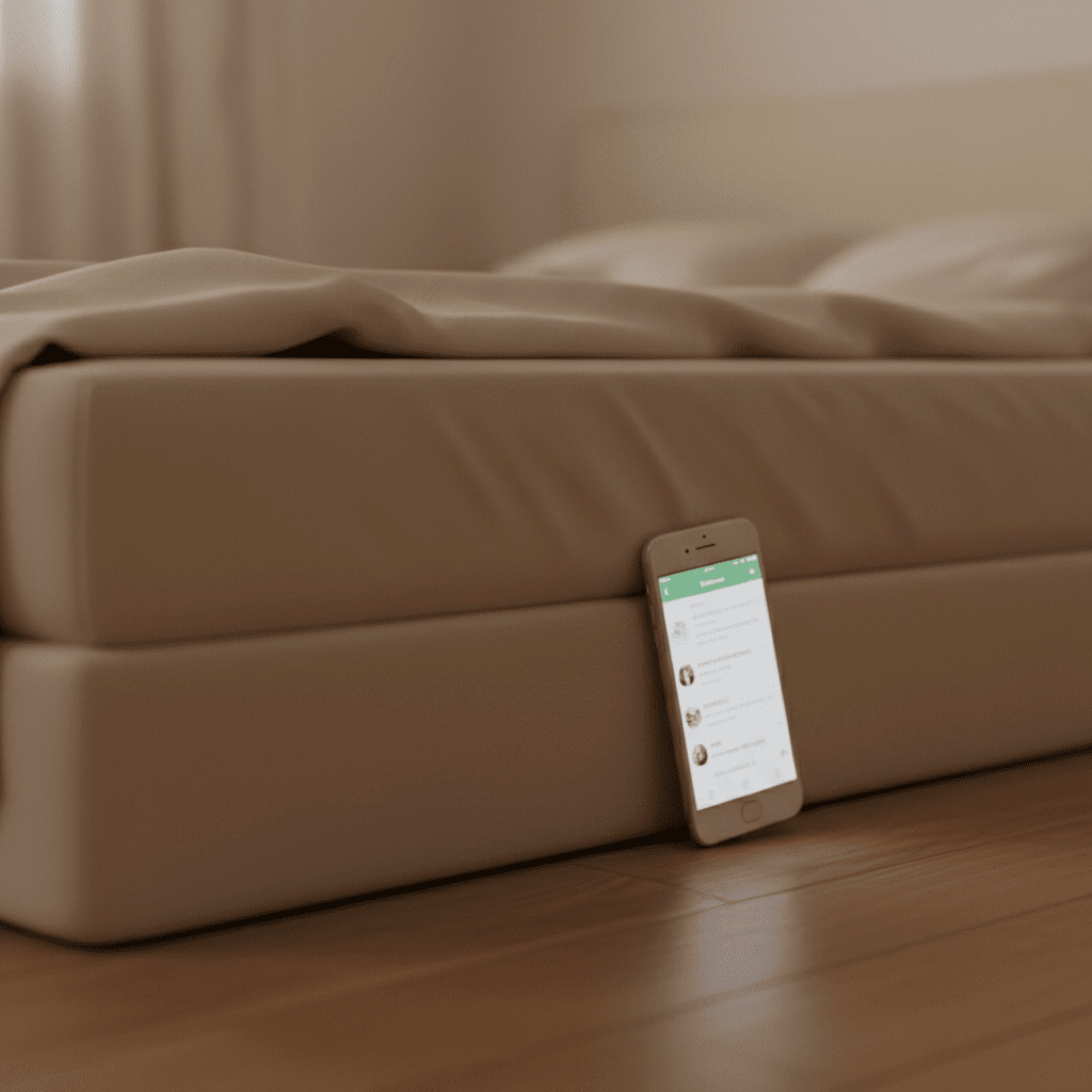 ベッド横に立て掛けたスマートフォン