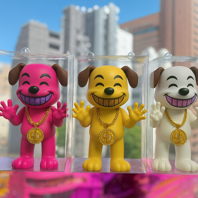 カラフルな犬フィギュアが3体並ぶ